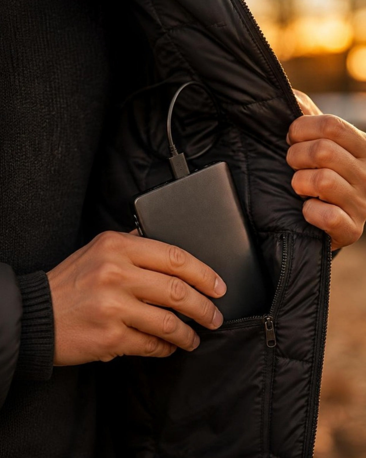 Powerbank wird in die Innentasche der beheizbaren Steppjacke gesteckt
