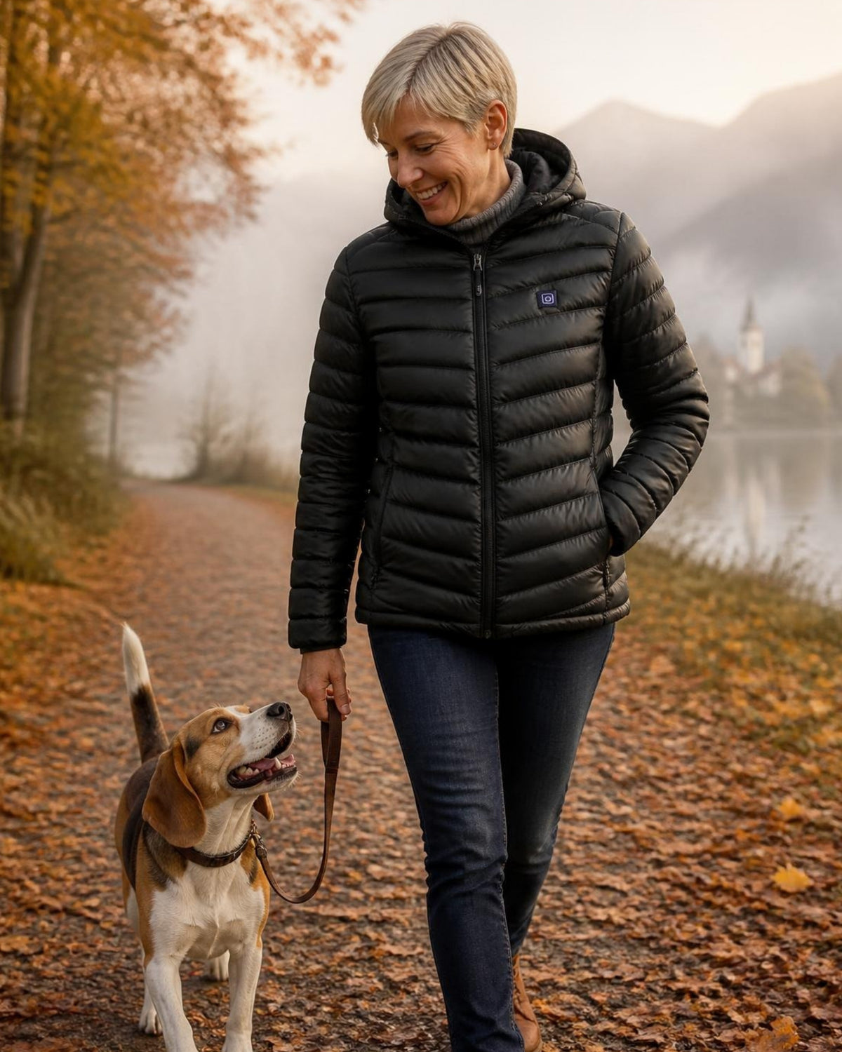 Frau mit Beagle am See in der beheizbaren ArticLux Steppjacke