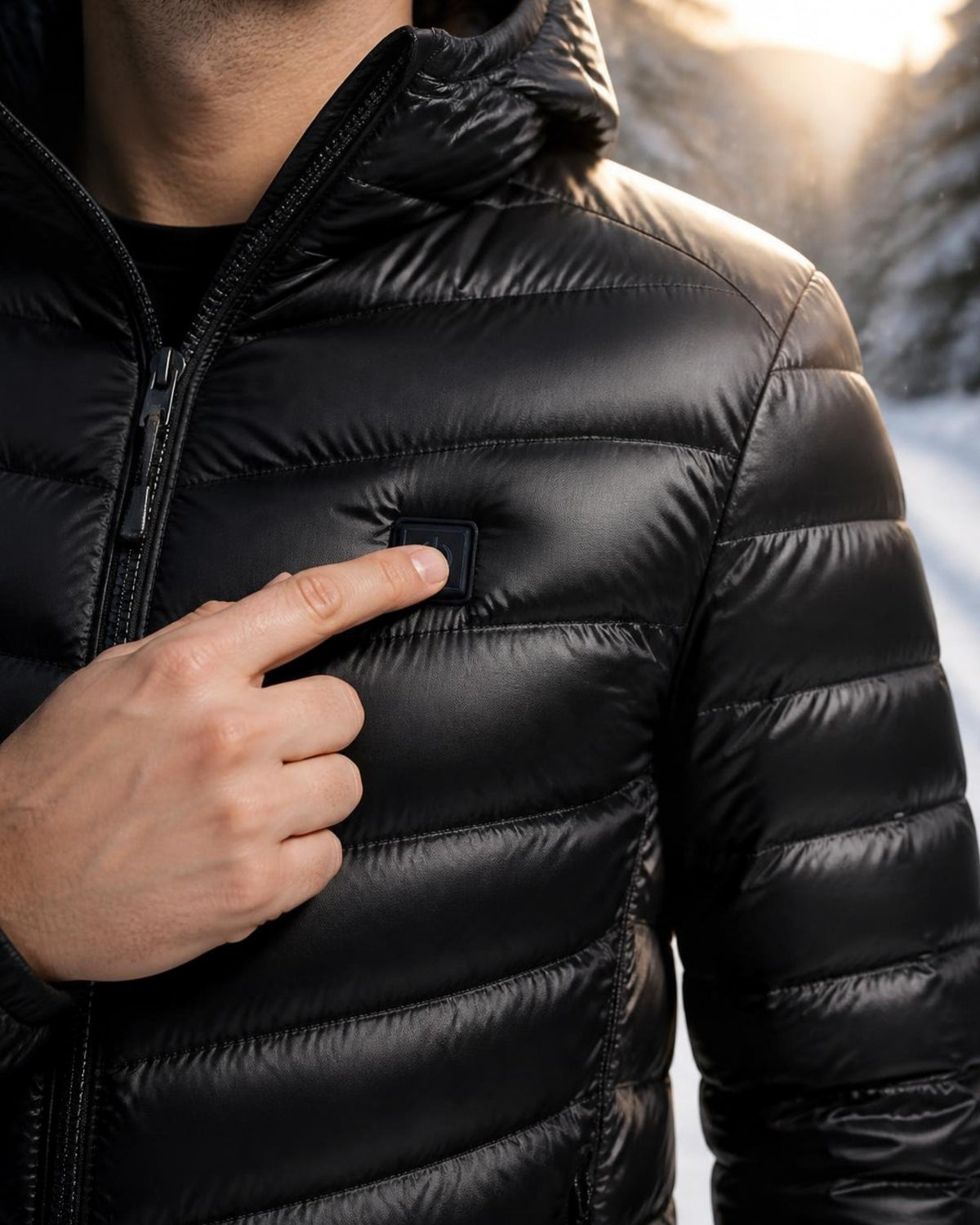Finger drückt die Bedientaste an der beheizbaren ArticLux Steppjacke