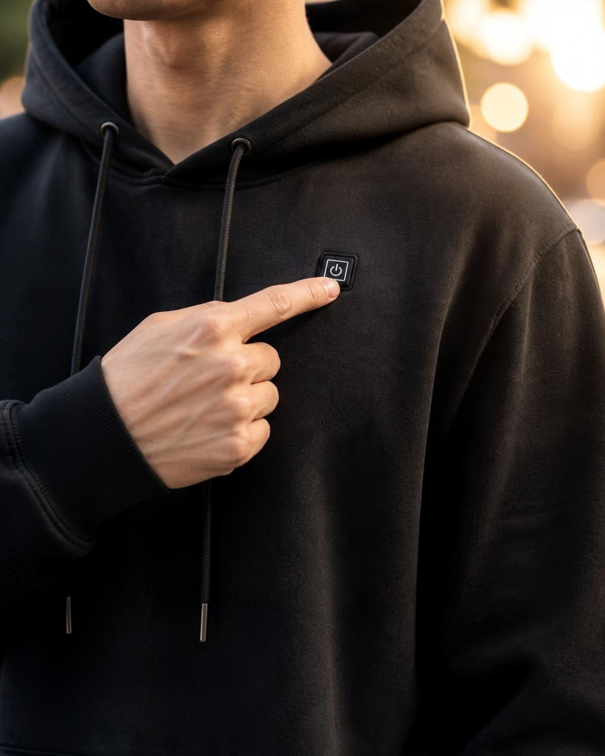 Finger drückt die Bedientaste an der Brust des schwarzen ArticLux Wärmenden Hoodies