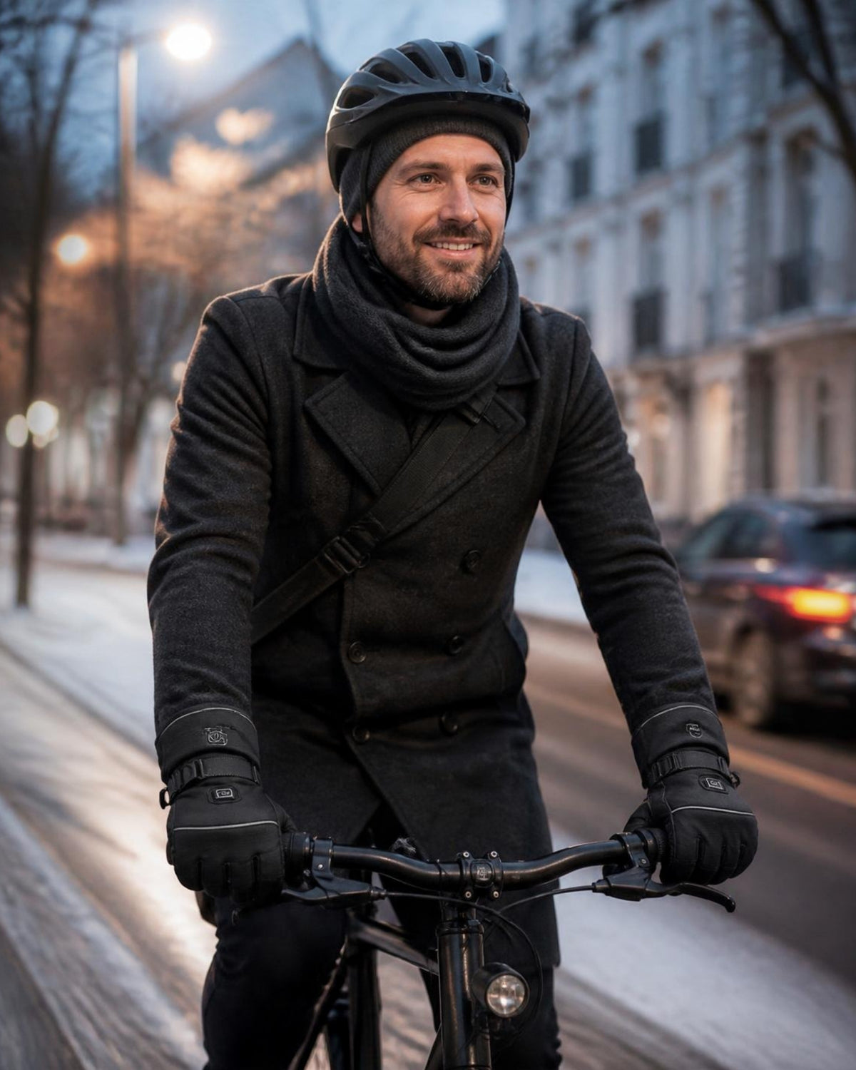 Mann fährt mit den beheizbaren ArticLux Handschuhen Fahrrad durch die Stadt