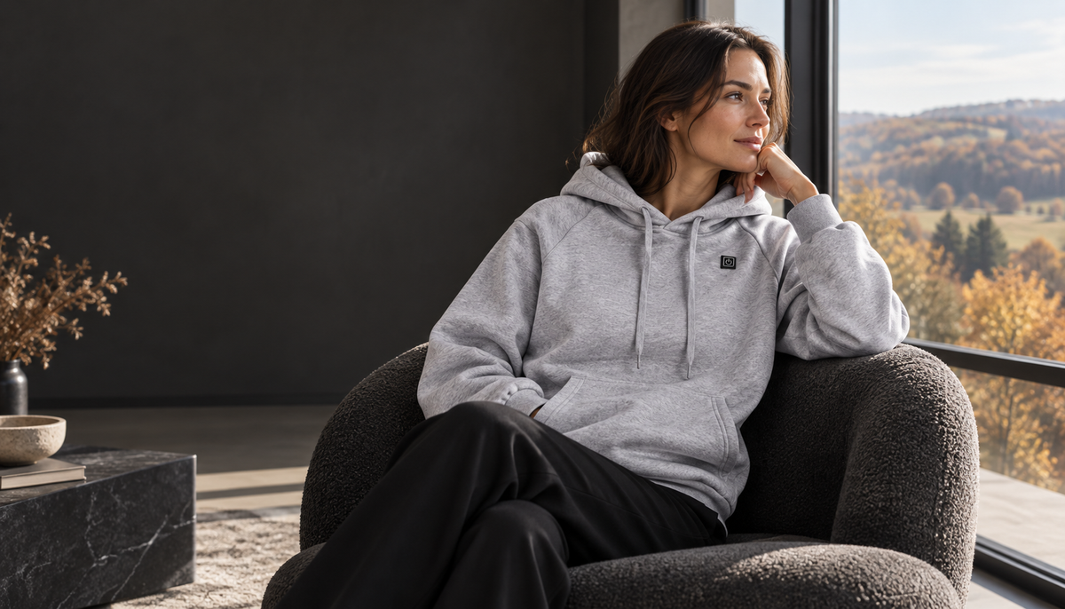 Frau im grauen ArticLux-Hoodie am Fenster – ArticLux Lifestyle-Motiv für Desktop