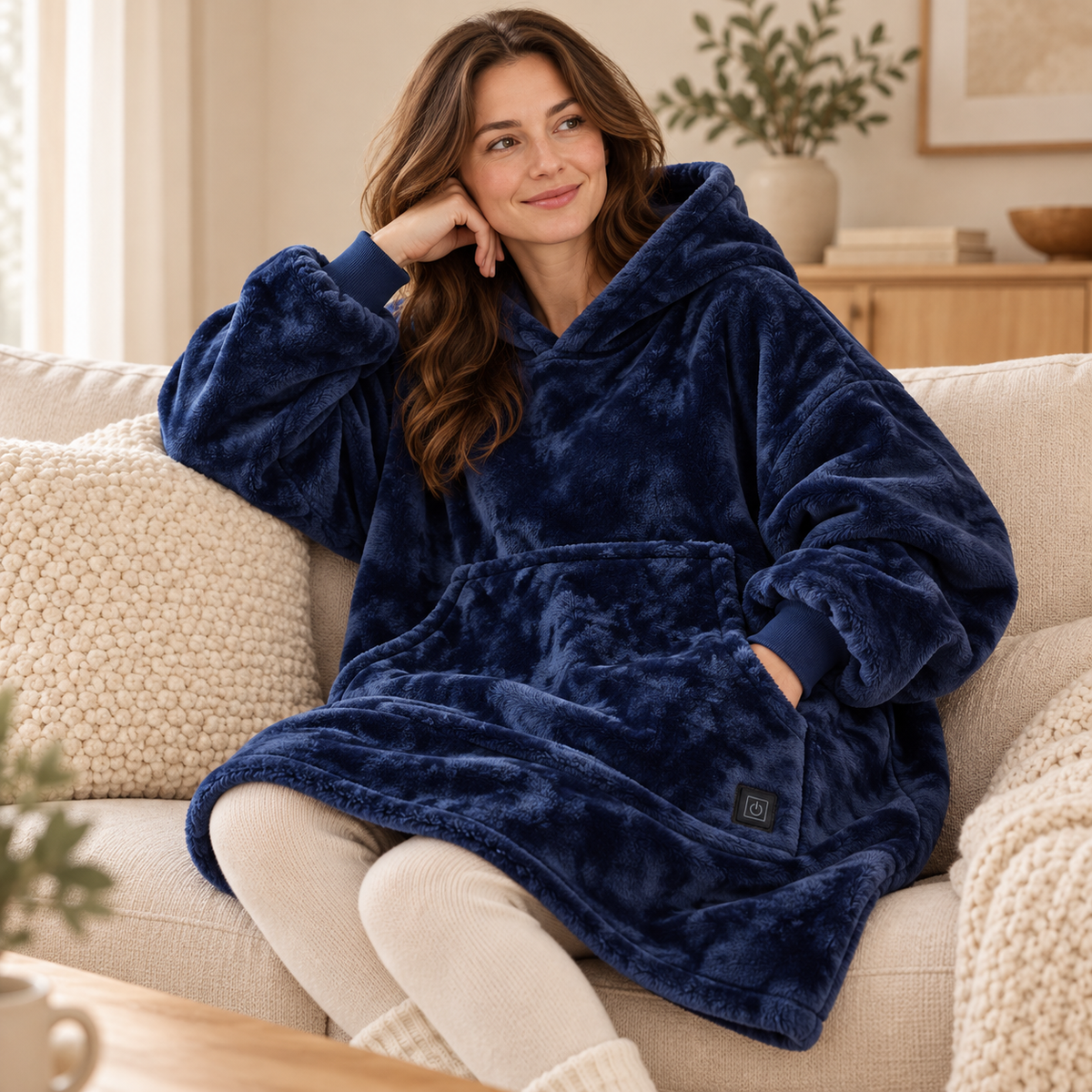 ArticLux Oversize-Hoodie in Dunkelblau – KI-Lifestylevisualisierung nach Produktreferenz