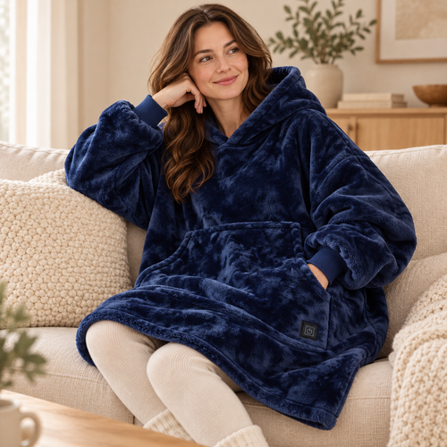 ArticLux Oversize-Hoodie in Dunkelblau – KI-Lifestylevisualisierung nach Produktreferenz